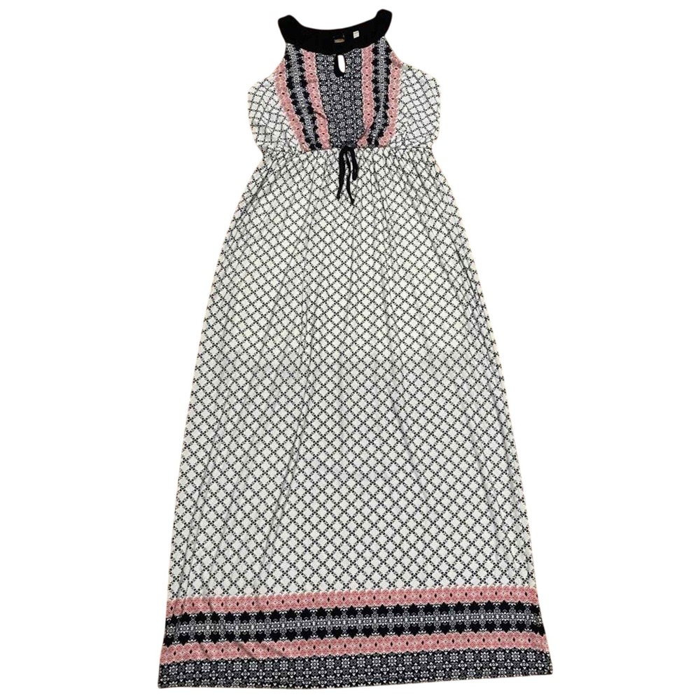 Gilli Maxi Dress Women's Lg White Navy Pink Tile Print Drawstring Sleeveless NWT